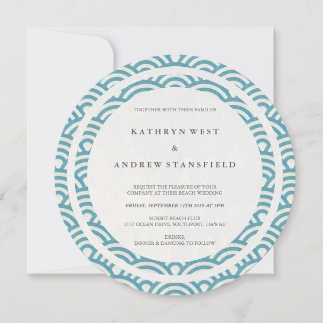 Sea Blue Stylised Waves Elegant Beach Wedding Invitation (Front)