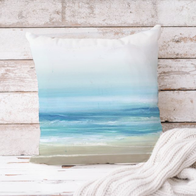 Sea Blue Watercolor Beach Waves Coastal  Cushion (Creator Uploaded)