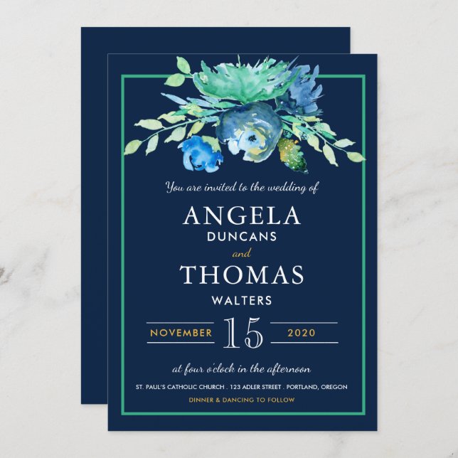 Sea Blue Watercolor Flowers Wedding Invitation (Front/Back)