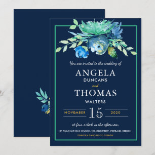 Sea Blue Watercolor Flowers Wedding Invitation