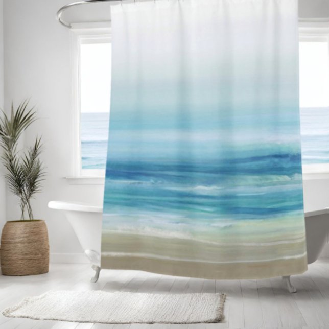 Sea Blue Watercolor Ocean Waves Coastal Beach  Shower Curtain (Creator Uploaded)