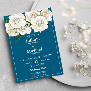 Sea blue white gold glitter roses floral Wedding Invitation