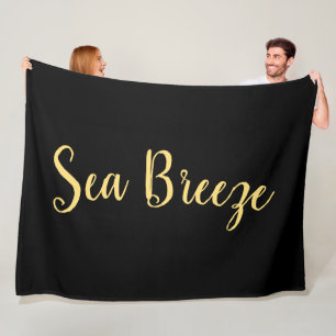 "Sea Breeze" Fancy Fun Script Black Background Fleece Blanket