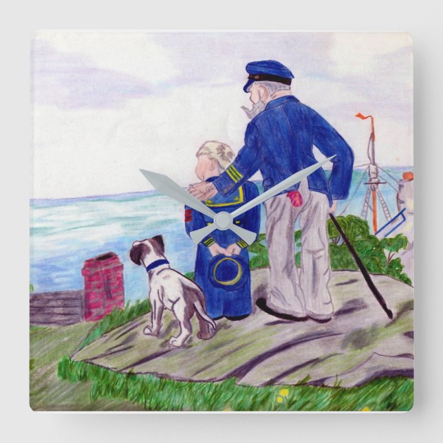 Sea Captain and Grandson Square Wall Clock (Front)