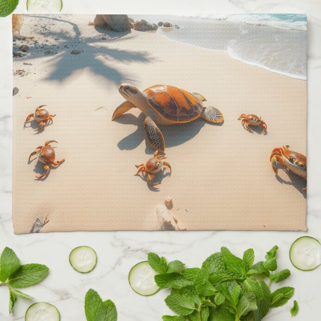 Sea  Crabs on Tropical Beach – Serene Ocea Tea Towel (Folded)
