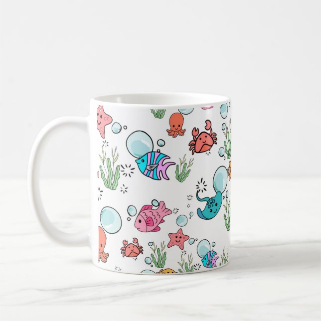 Sea creature themed mug. Patterned sea animals mug (Left)