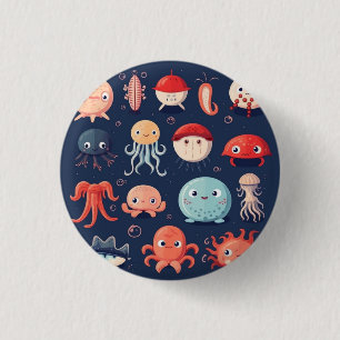 Sea creatures badge, pin, button, cute 3 cm round badge