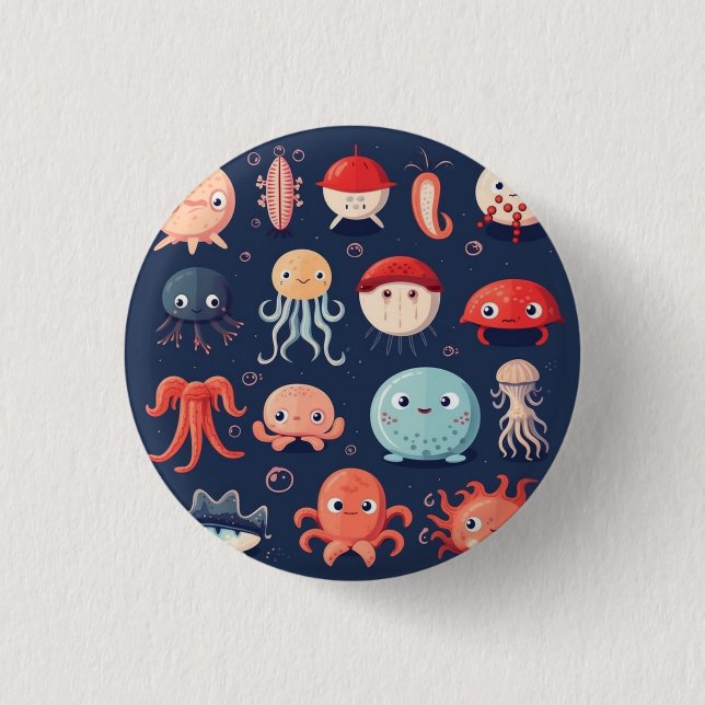 Sea creatures badge, pin, button, cute  3 cm round badge (Front)