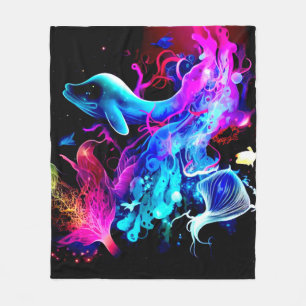 SEA CREATURES, SEA ANIMALS LUMINOUS COLOR  FLEECE BLANKET