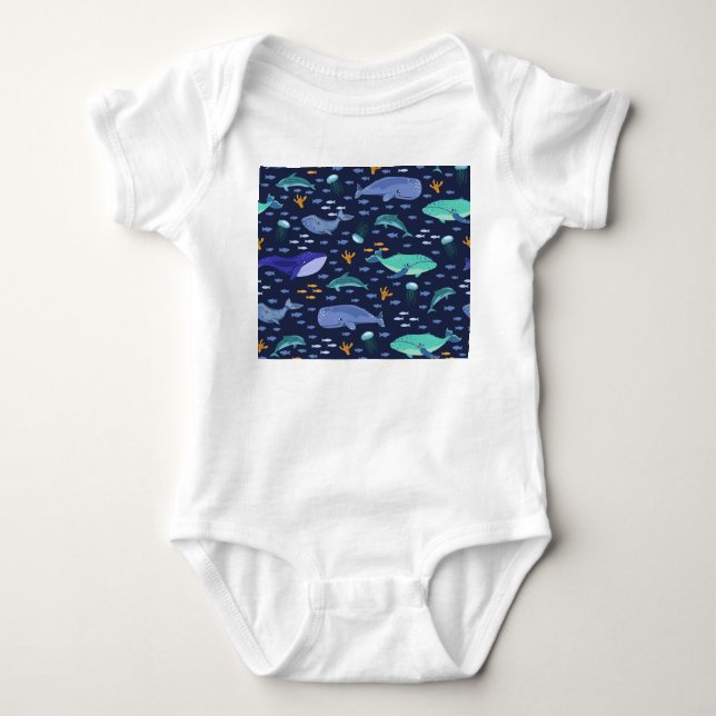 Sea creatures: whales, jellyfish pattern. baby bodysuit (Front)