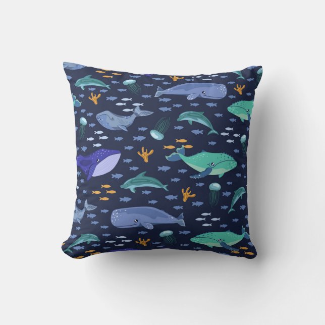 Sea creatures: whales, jellyfish pattern. cushion (Front)