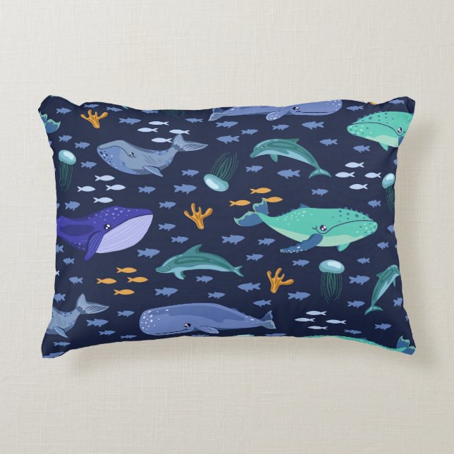 Sea creatures: whales, jellyfish pattern. decorative cushion (Front)