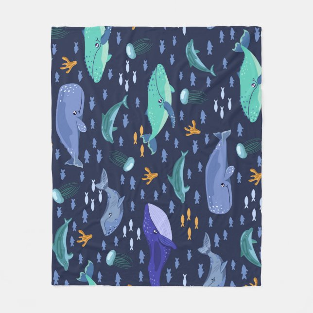 Sea creatures: whales, jellyfish pattern. fleece blanket (Front)