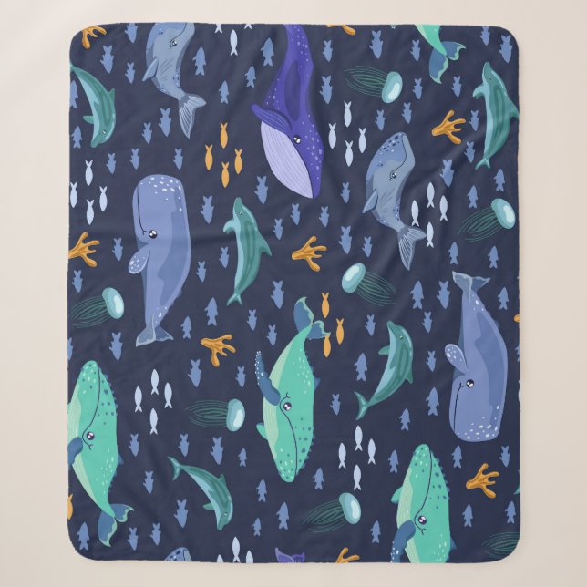 Sea creatures: whales, jellyfish pattern. sherpa blanket (Front)