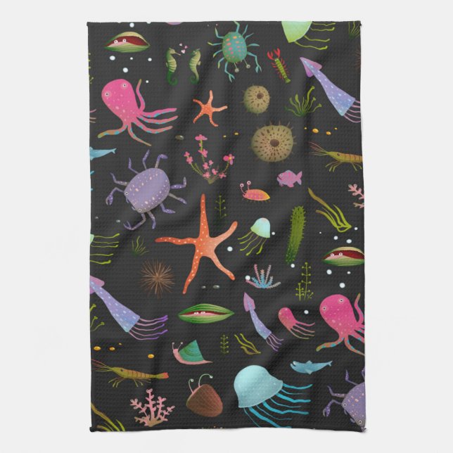 Sea Critters Pattern Tea Towel (Vertical)