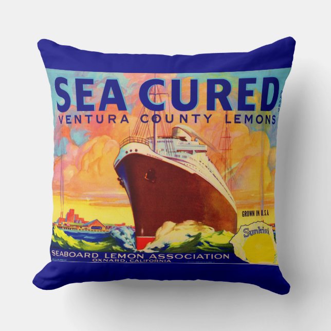 Sea-Cured brand lemons crate label Cushion (Front)