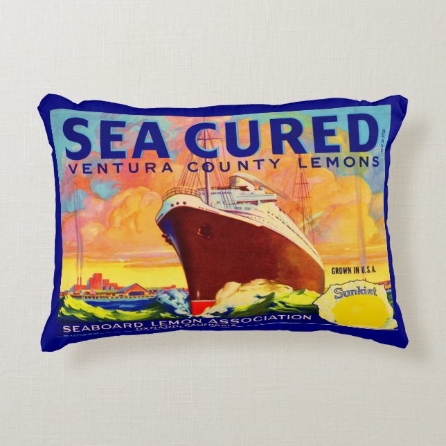 Sea-Cured brand lemons crate label Decorative Cushion (Front)