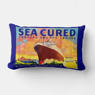 Sea-Cured brand lemons crate label print Lumbar Cushion
