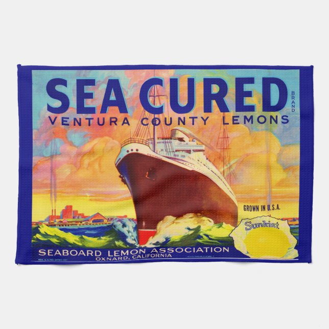 Sea-Cured brand lemons crate label print Tea Towel (Horizontal)
