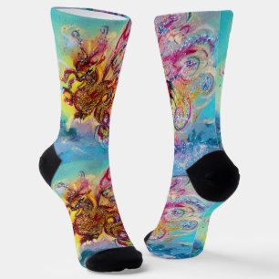 SEA DRAGON AMONG WAVES Fantasy Pink Blue Socks