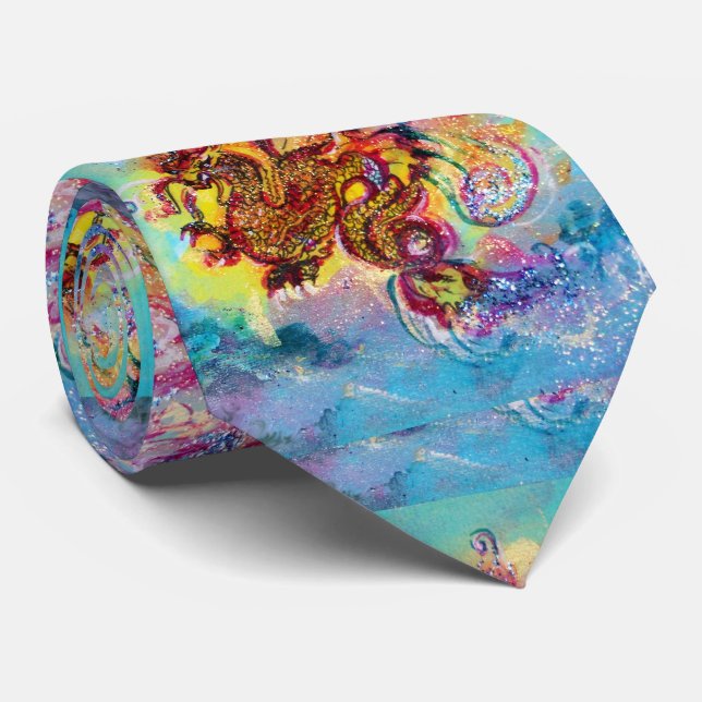 SEA DRAGON Blue Yellow Pink Fantasy Tie (Rolled)
