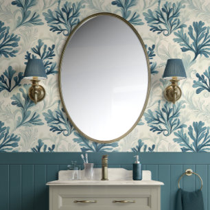 Sea Fern Whispers - Teal, White, Blue - Coastal Wallpaper