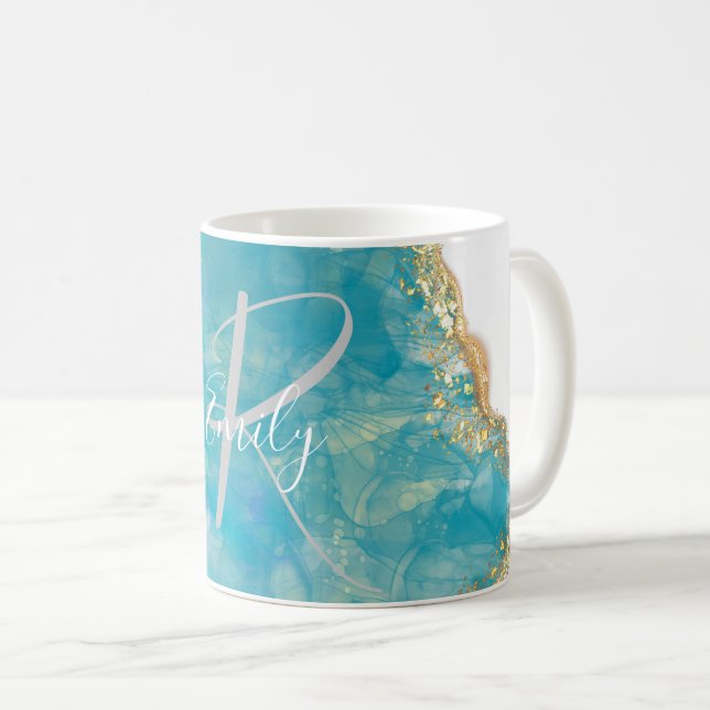 Sea Foam Agate Marble Abstract Name Monogram Coffee Mug (Front Right)