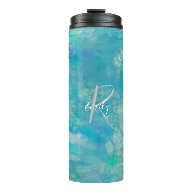 Sea Foam Agate Marble Abstract Name Monogram Thermal Tumbler (Front)