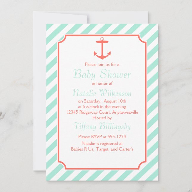 Sea Foam and Coral Anchor Silhouette Invitation (Front)