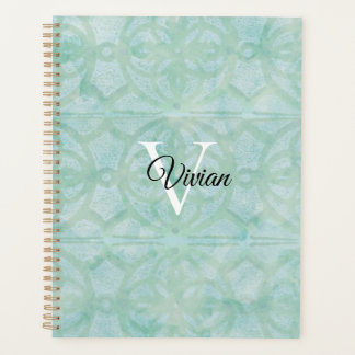 Sea Foam Green Batik Monogram Name Planner