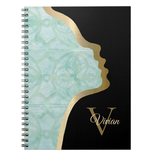 Sea Foam Green Black And Gold Face Notebook (Front)