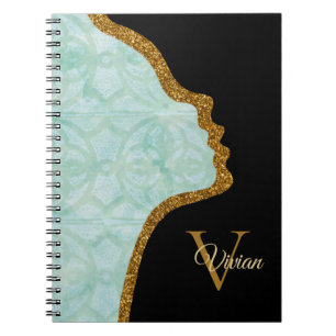 Sea Foam Green Black And Gold Glitter Face Notebook