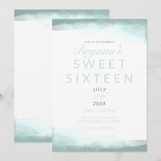 Sea Foam Green Watercolor Modern Chic Sweet 16 Invitation (Front/Back)