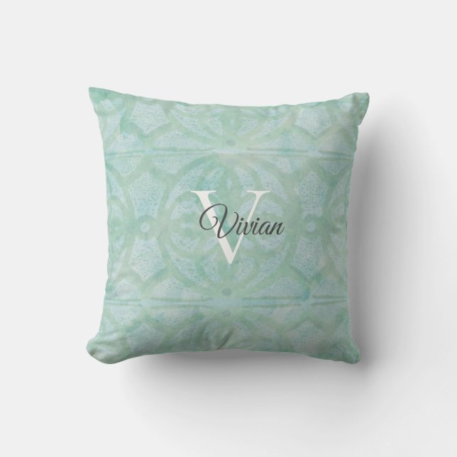 Sea Foam Green Watercolor Monogram Name Cushion (Front)