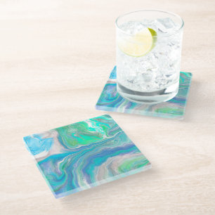 Sea Glass Blue and Green Marble Fluid Art Coaster