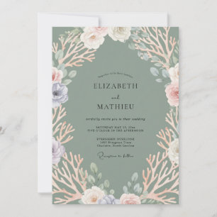 Sea Glass Coral Eucalyptus Wedding Invitation