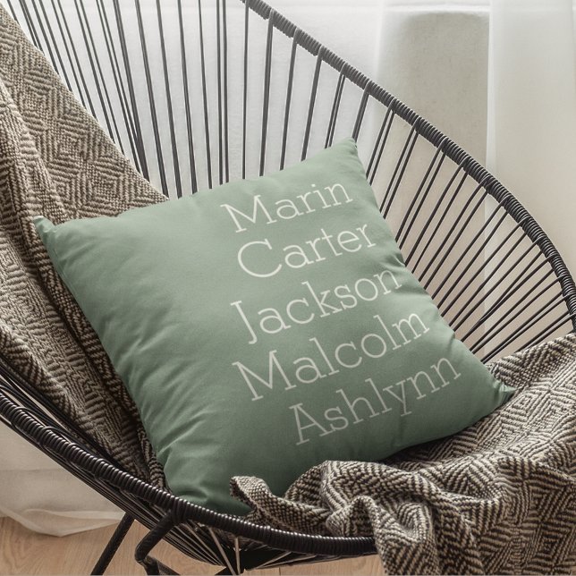 Sea Glass Five Kids Names Personalised Family Cushion (Sea Glass Green Five Kids Names Personalized Family Throw Pillow)