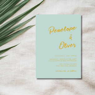 Sea Glass Gold Minimal Modern Calligraphy Wedding Invitation