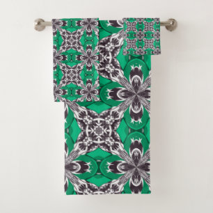 Sea Glass Green and White Repeat Tile Pattern Bath Towel Set