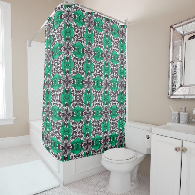 Sea Glass Green and White Repeat Tile Pattern Shower Curtain (In Situ)