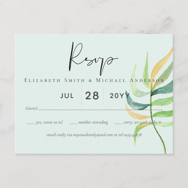 Sea Glass Green Blue Tropical Leaf Wedding Postcard (Front)