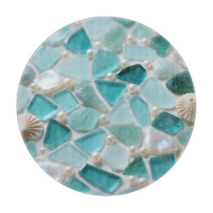 Sea Glass Mosaic Turquoise Coastal Charm Cutting Board