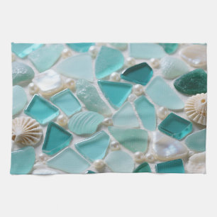 Sea Glass Mosaic Turquoise Coastal Charm Tea Towel