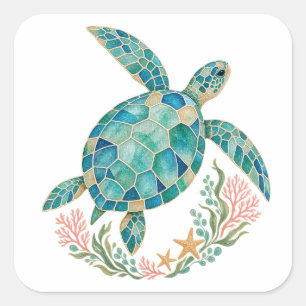Sea Glass Mosaic Turtle and Coral Square Sticker