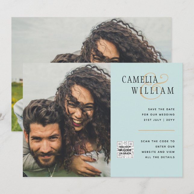 Sea Glass Photo Wedding Invite QR Code Save Date (Front/Back)