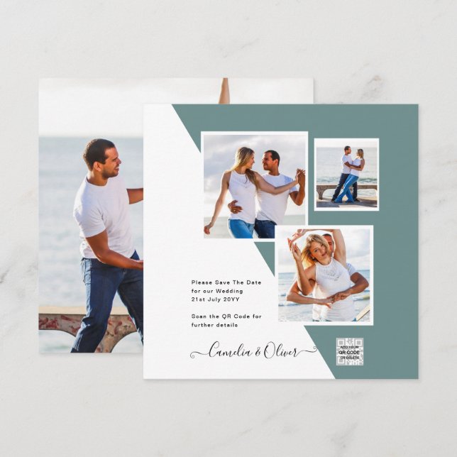 Sea Glass Photo Wedding Invite QR Code Save Date (Front/Back)