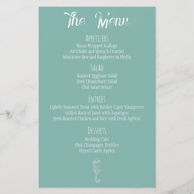 Sea Glass Seahorse Beach Wedding Menu  (Front)