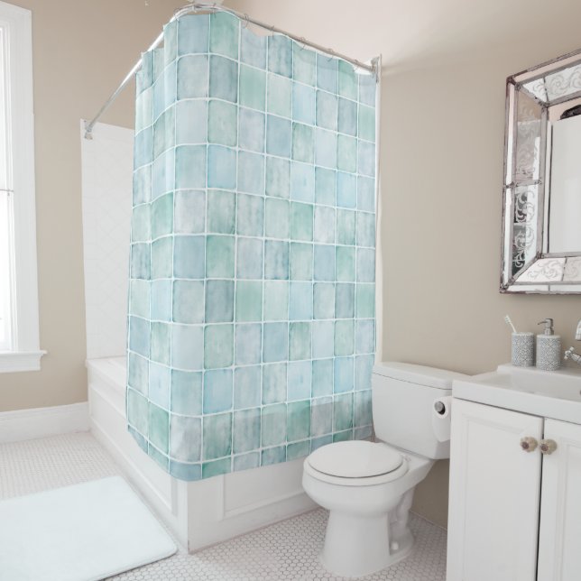 Sea Glass Watercolor Tiles Shower Curtain (In Situ)