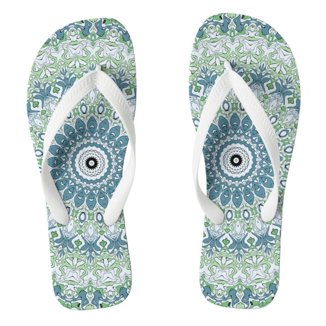 Sea Green and Blue Coastal Mandala Pattern Jandals (Footbed)