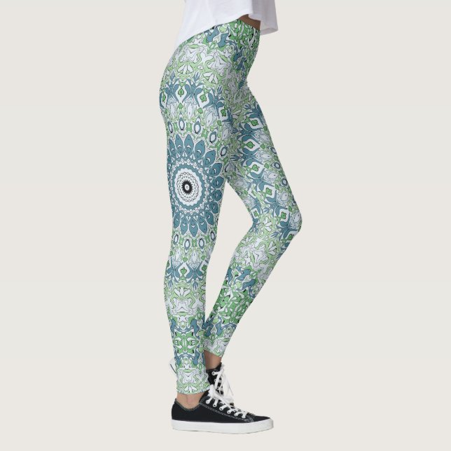 Sea Green and Blue Coastal Mandala Pattern Leggings (Right)